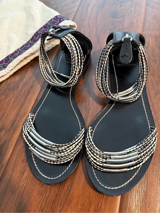 Tory Burch Shoes - Tory Burch Black Sandals with Braided Cream Accents